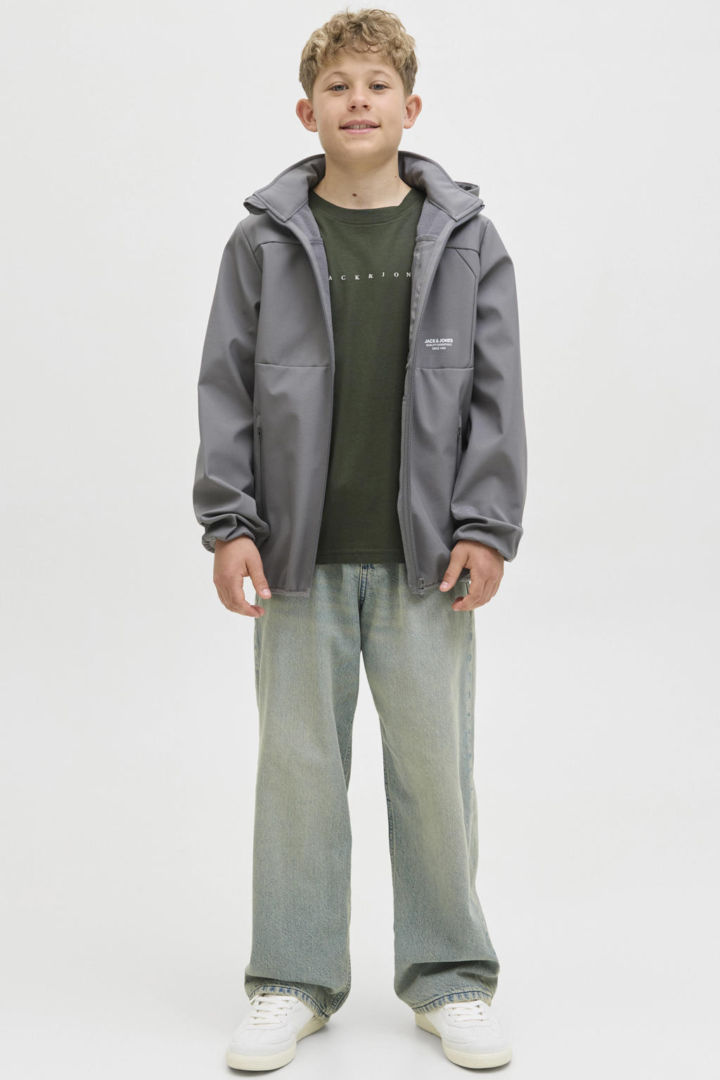 Donkergroene jongens JACK & JONES JUNIOR T-shirt van katoen met tekst print, korte mouwen en ronde hals