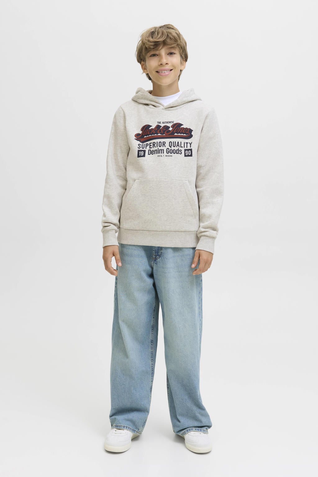Witte jongens JACK & JONES JUNIOR hoodie van katoen met logo dessin, lange mouwen en capuchon