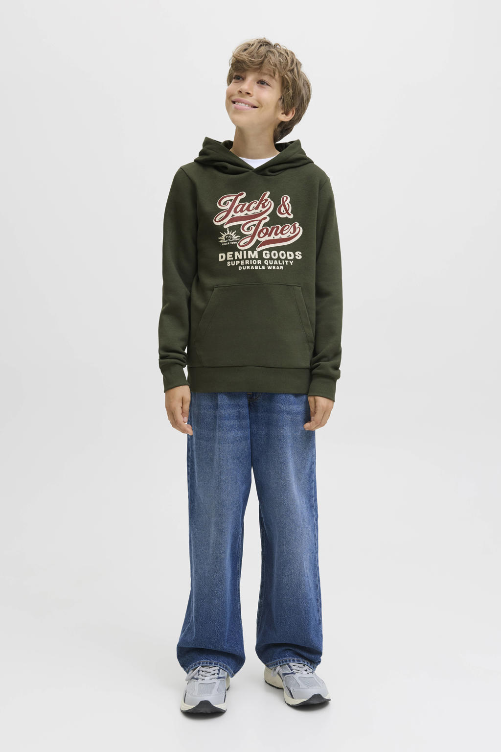 Donkergroene jongens JACK & JONES JUNIOR hoodie van katoen met logo dessin, lange mouwen en capuchon