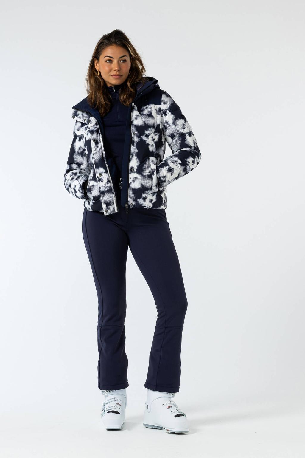 Donkerblauw en witte dames Falcon ski-jas Nanda van polyester met capuchon en ritssluiting