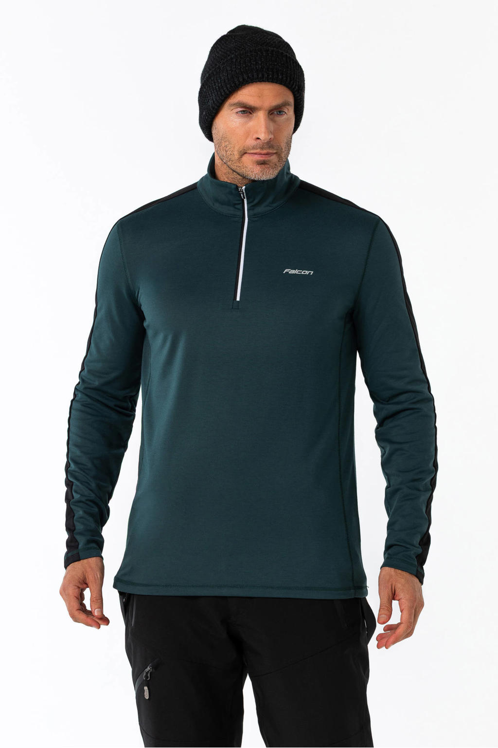 Donkerblauwe heren Falcon skipully Yarmouth van polyester met lange mouwen, opstaande kraag en halve rits