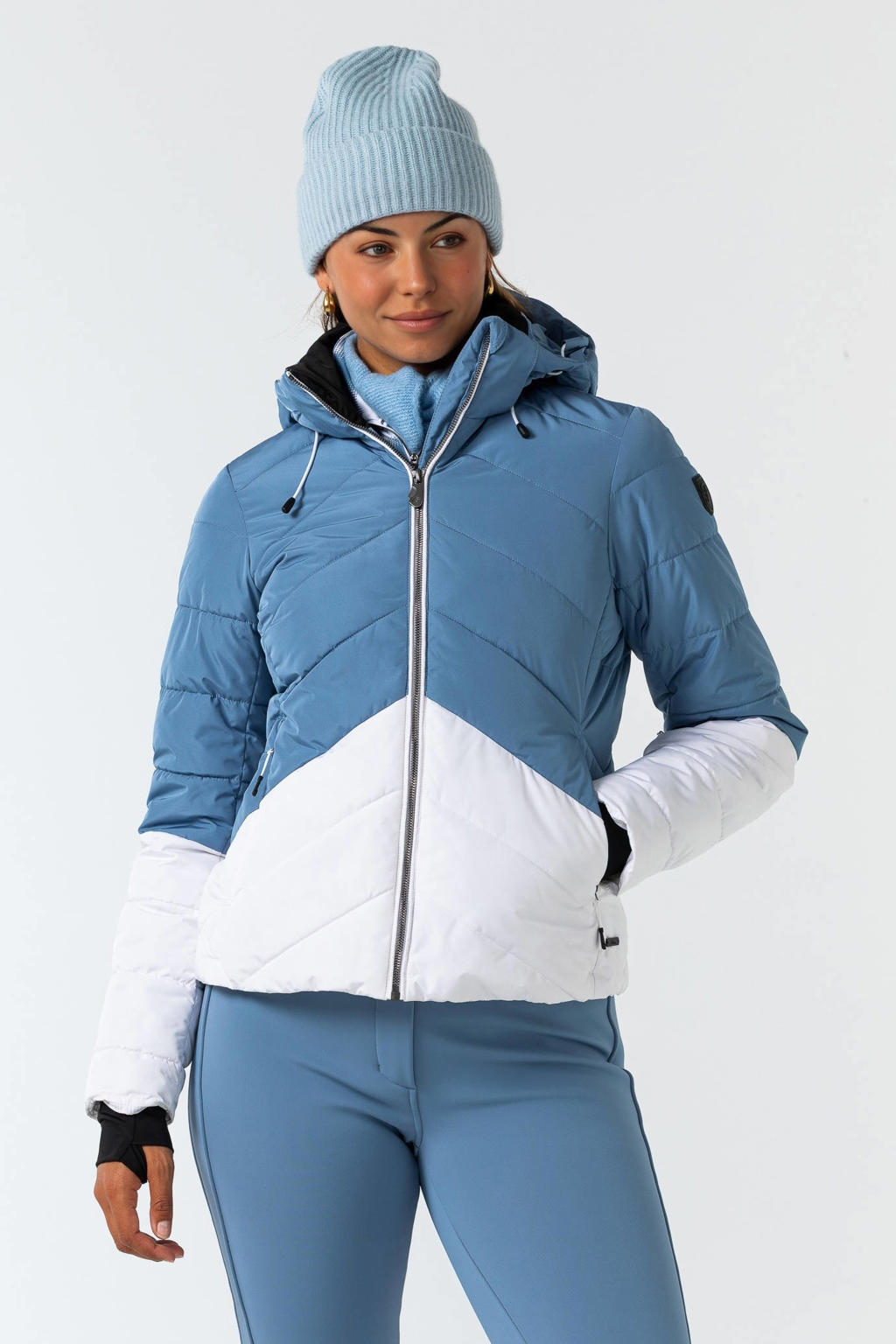 Blauw en witte dames Falcon ski-jas Solana van polyester met capuchon en ritssluiting