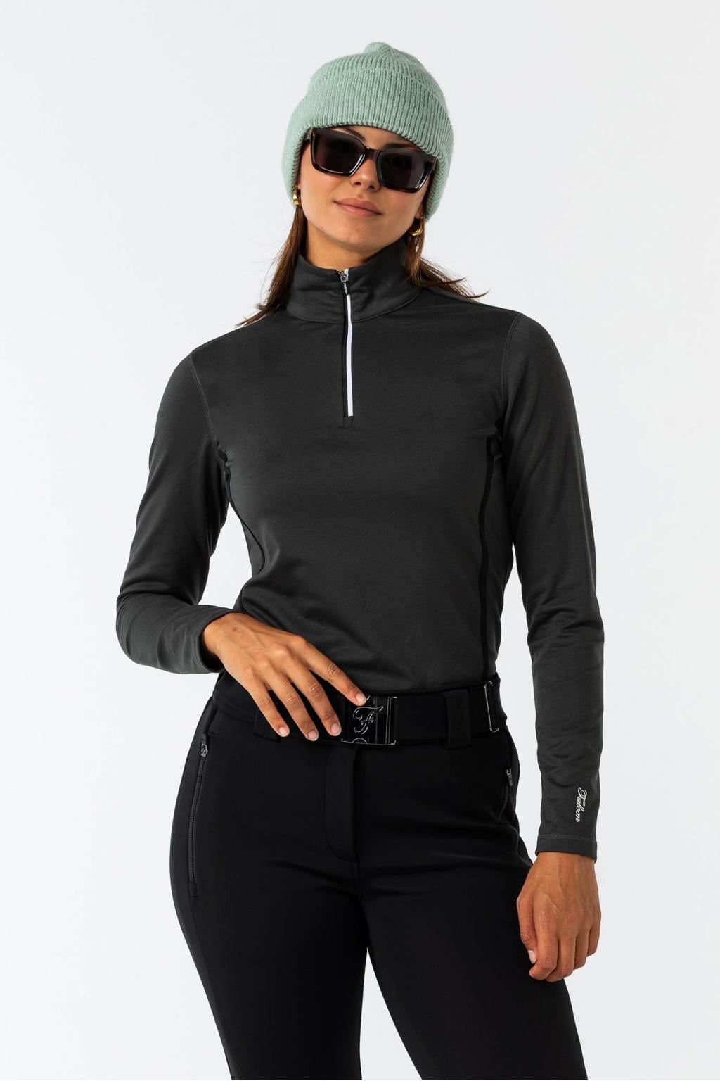 Olijfgroene dames Falcon skipully Jenita van polyester met lange mouwen, opstaande kraag en halve rits