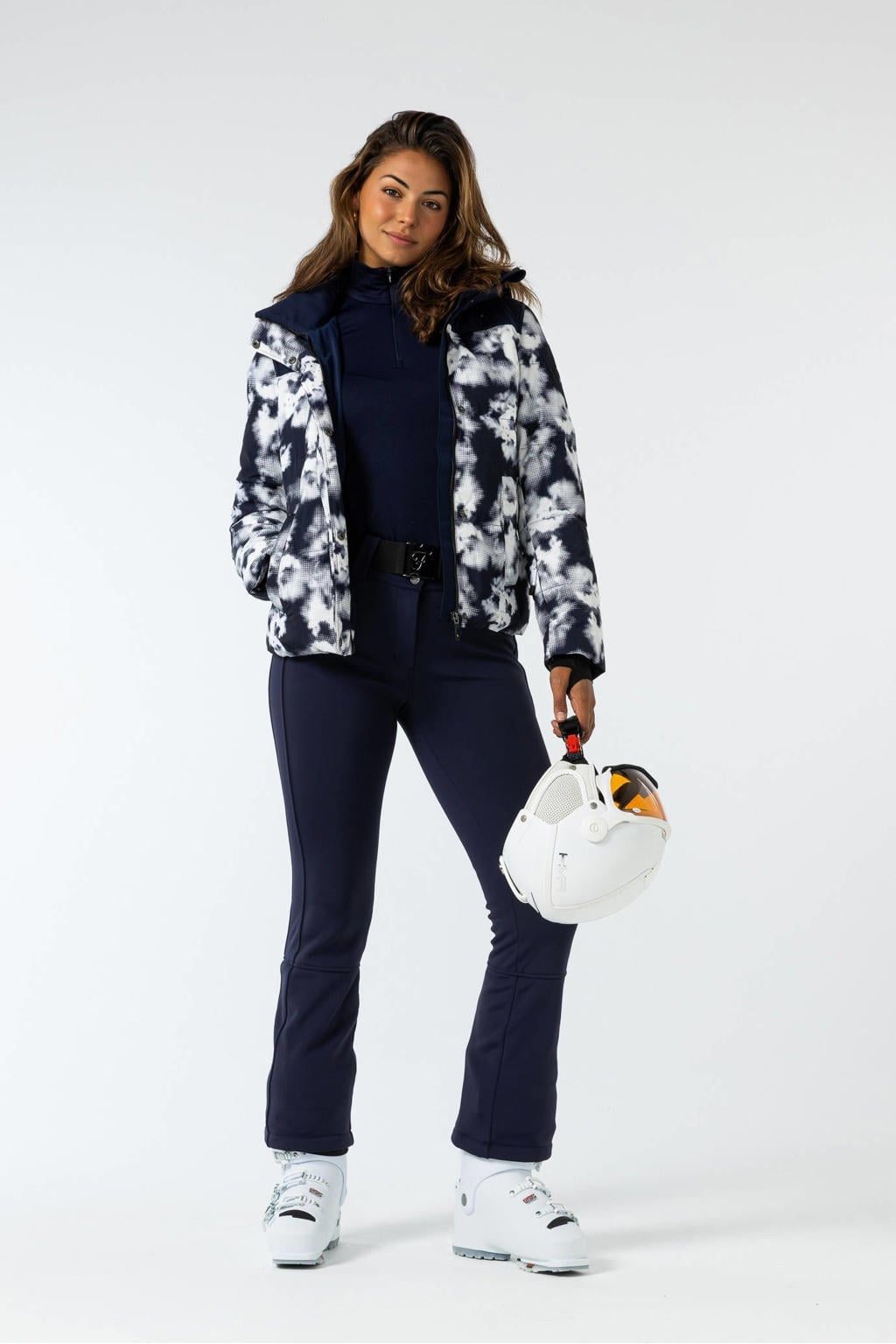 Donkerblauwe dames Falcon skibroek Whistler van polyester met rits- en drukknoopsluiting en effen