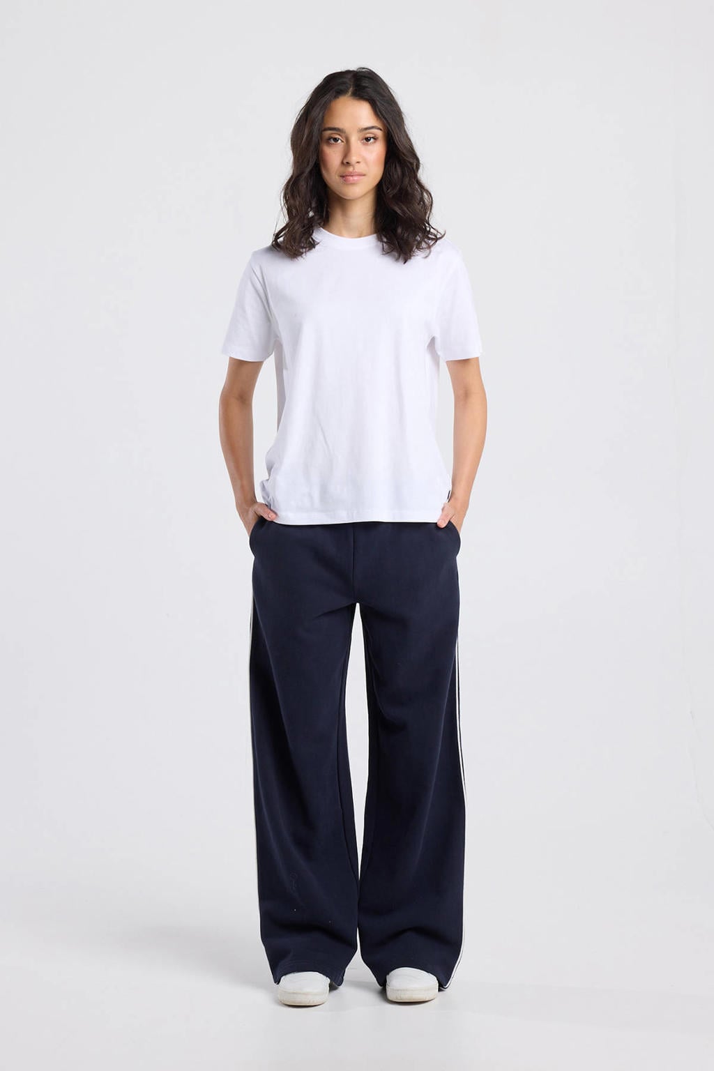 Witte dames America Today T-shirt van katoen met effen, korte mouwen en ronde hals