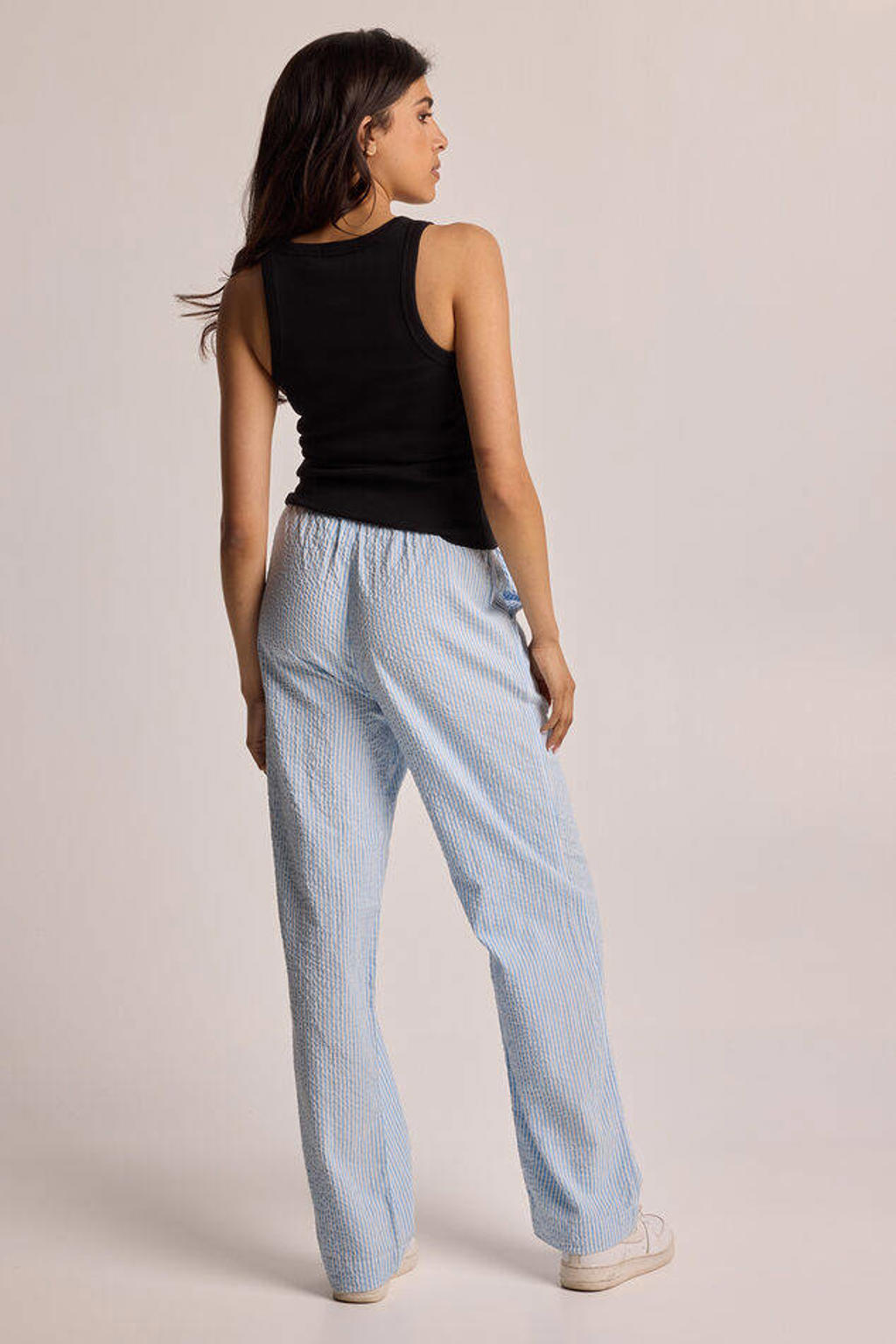 Blauw en witte dames America Today seersucker pyjamabroek Loyce van katoen met elastische tailleband met koord