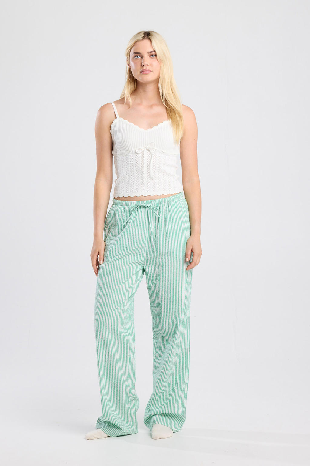 America Today seersucker pyjamabroek Loyce groen/wit
