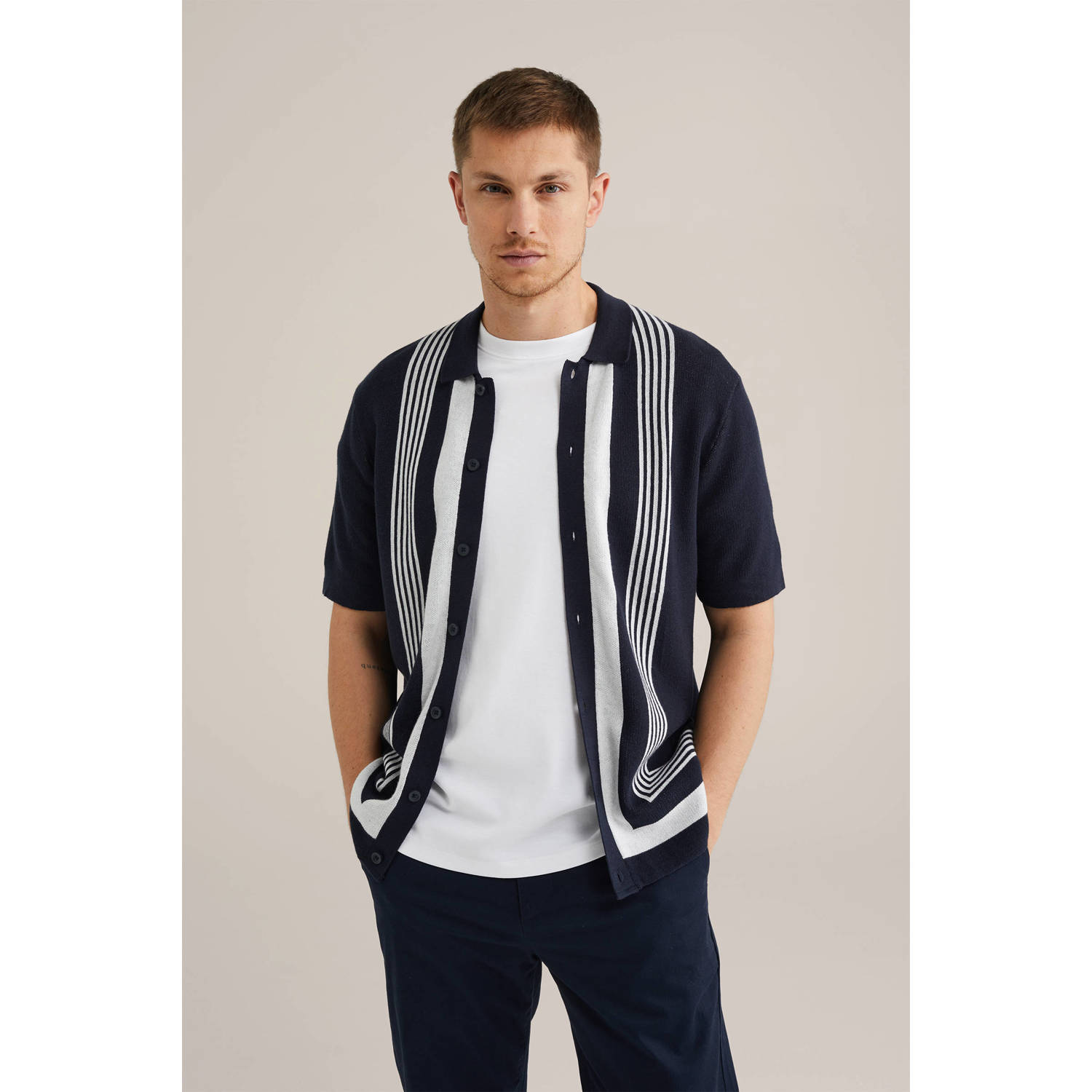 WE Fashion casual overhemd gebreid donkerblauw