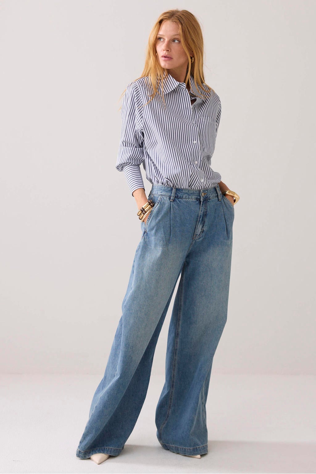 Light blue denim dames Summum wide leg jeans van denim met rits- en knoopsluiting en effen