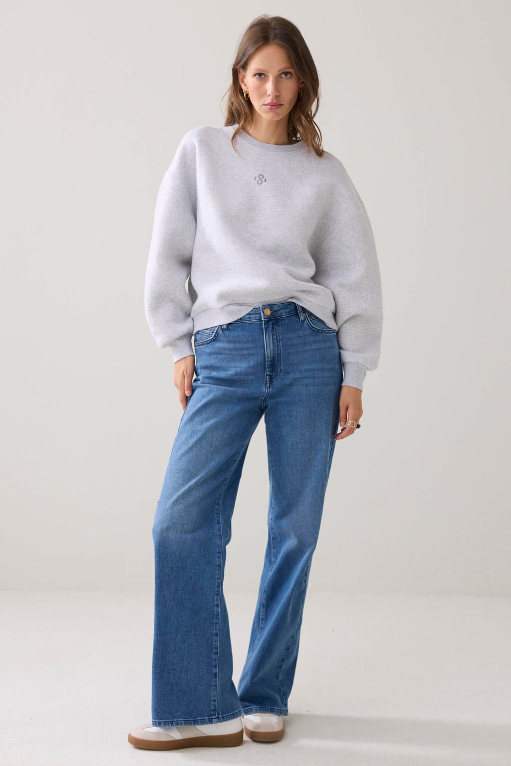 Medium blue denim dames Summum wide leg jeans van denim met rits- en knoopsluiting en effen