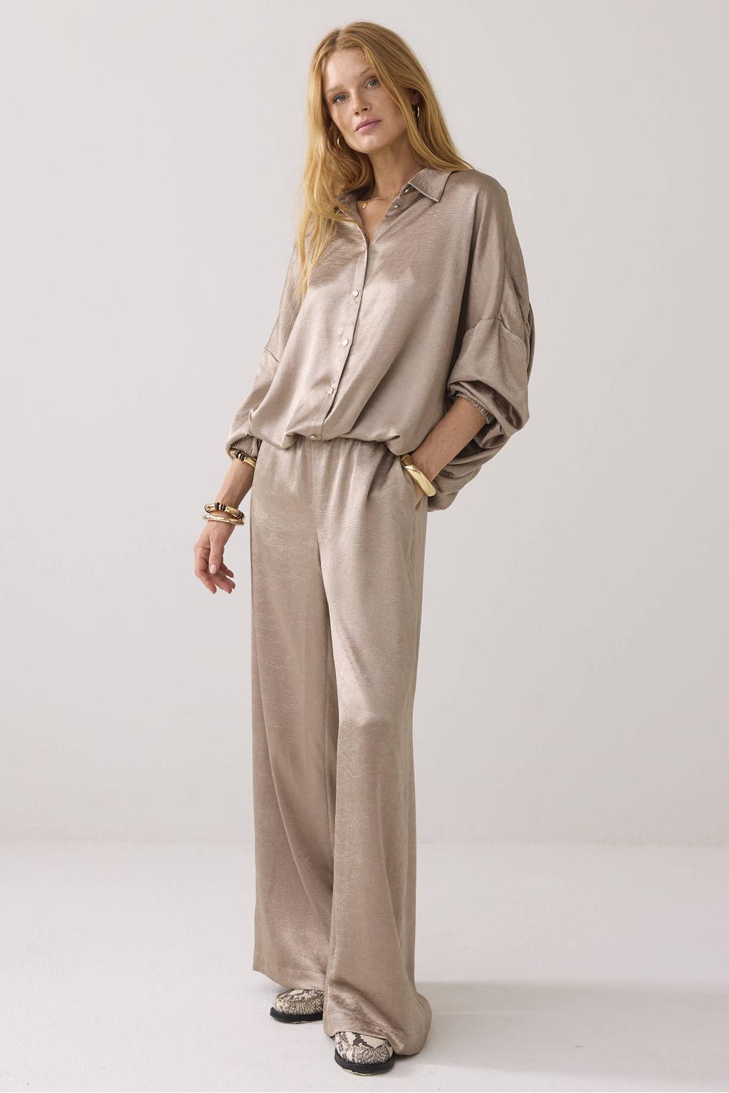 Taupe dames Summum satijnen blouse met effen, lange mouwen, klassieke kraag en knoopsluiting