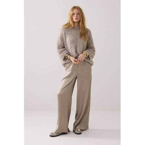 Summum satijnen wide leg regular waist broek taupe afbeelding