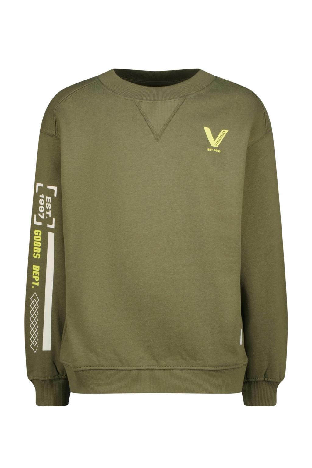 Groene jongens Vingino sweater van katoen met printopdruk, lange mouwen, ronde hals en geribde boorden