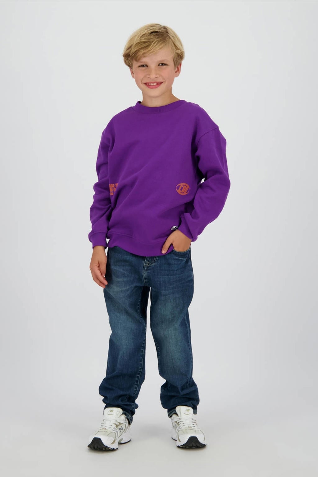 Paarse jongens Vingino sweater van katoen met backprint, lange mouwen, ronde hals en geribde boorden