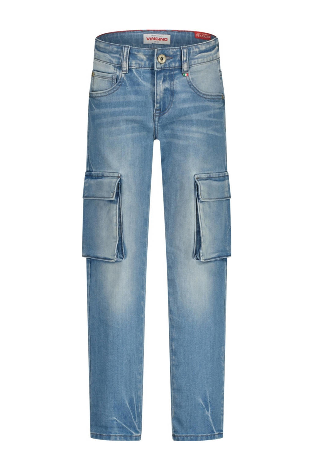 Light blue denim jongens Vingino straight leg cargo jeans van katoen met rits- en knoopsluiting en effen