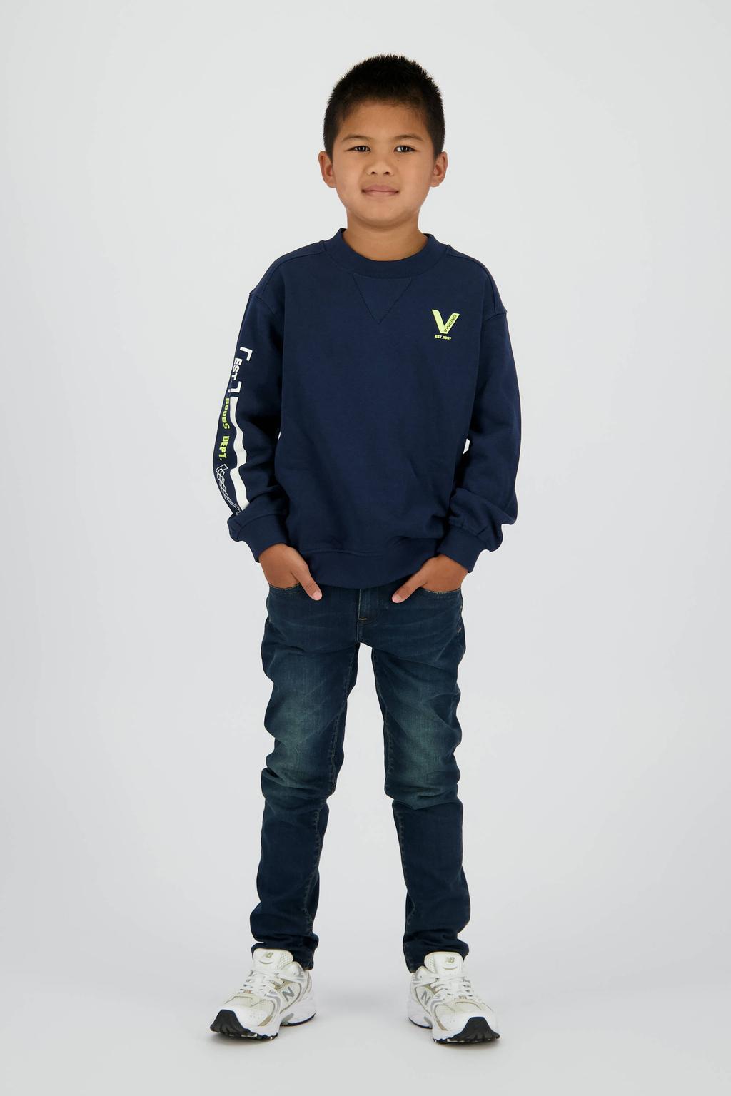 Dark blue denim jongens Vingino skinny jeans dark blue van katoen met rits- en knoopsluiting en effen