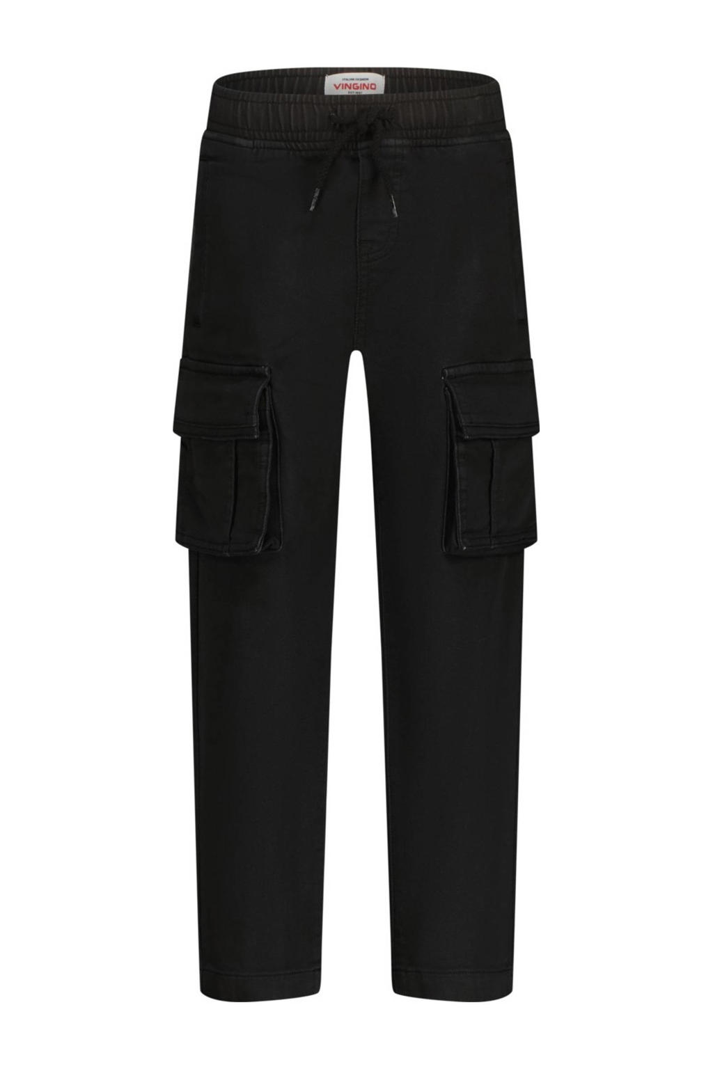 Zwarte jongens Vingino loose cargobroek van katoen met regular waist, elastische tailleband met koord en effen