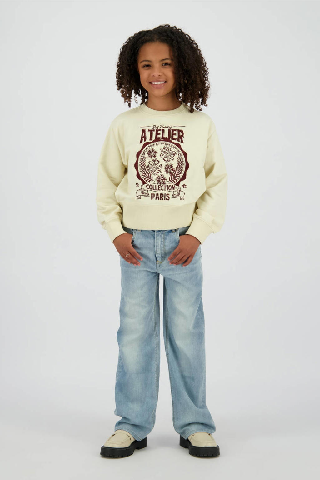 Light blue denim meisjes Vingino wide leg jeans van katoen met rits- en knoopsluiting en effen
