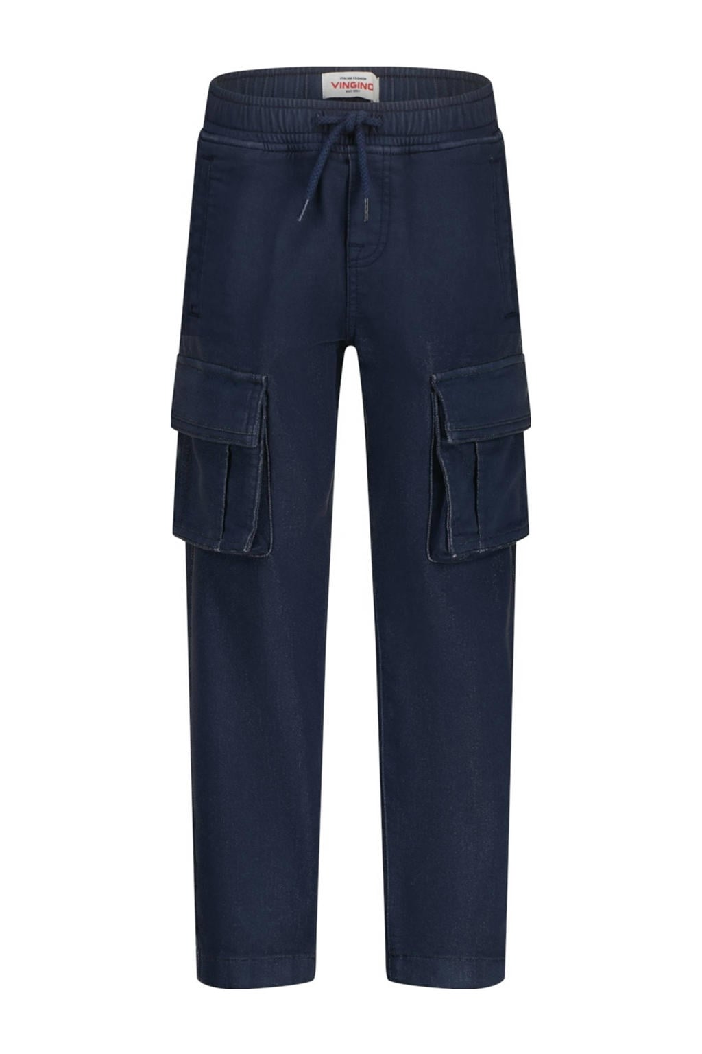 Donkerblauwe jongens Vingino loose cargobroek van katoen met regular waist, elastische tailleband met koord en effen