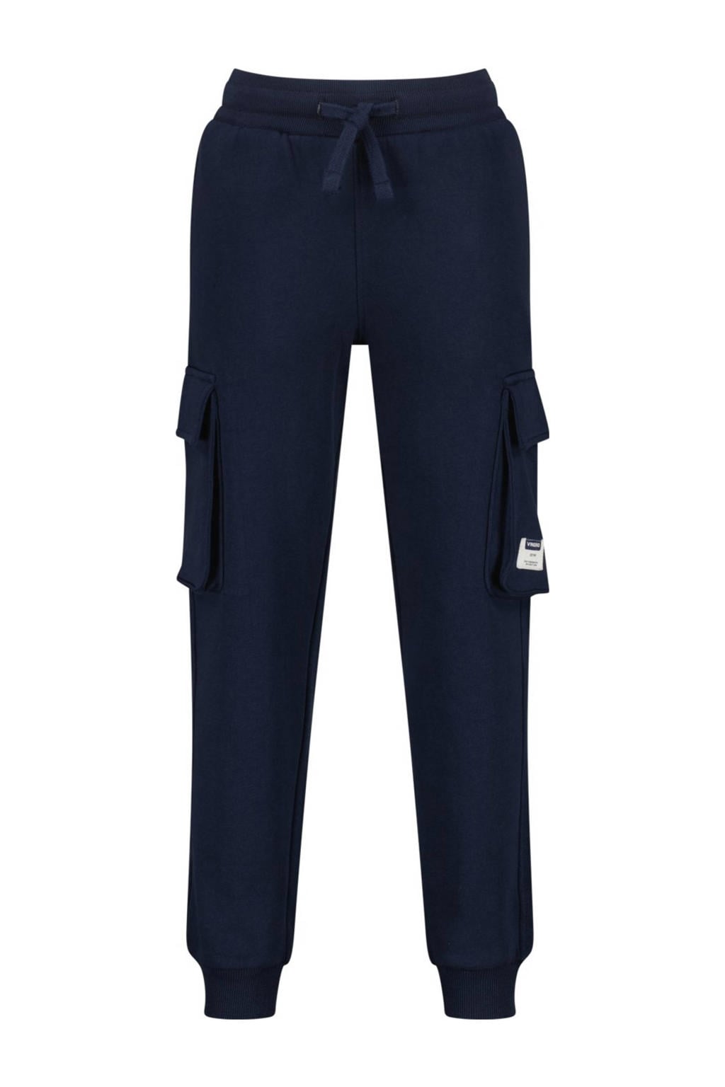 Donkerblauwe jongens en meisjes Vingino relaxed cargo broek van sweat materiaal met regular waist, elastische tailleband met koord en effen