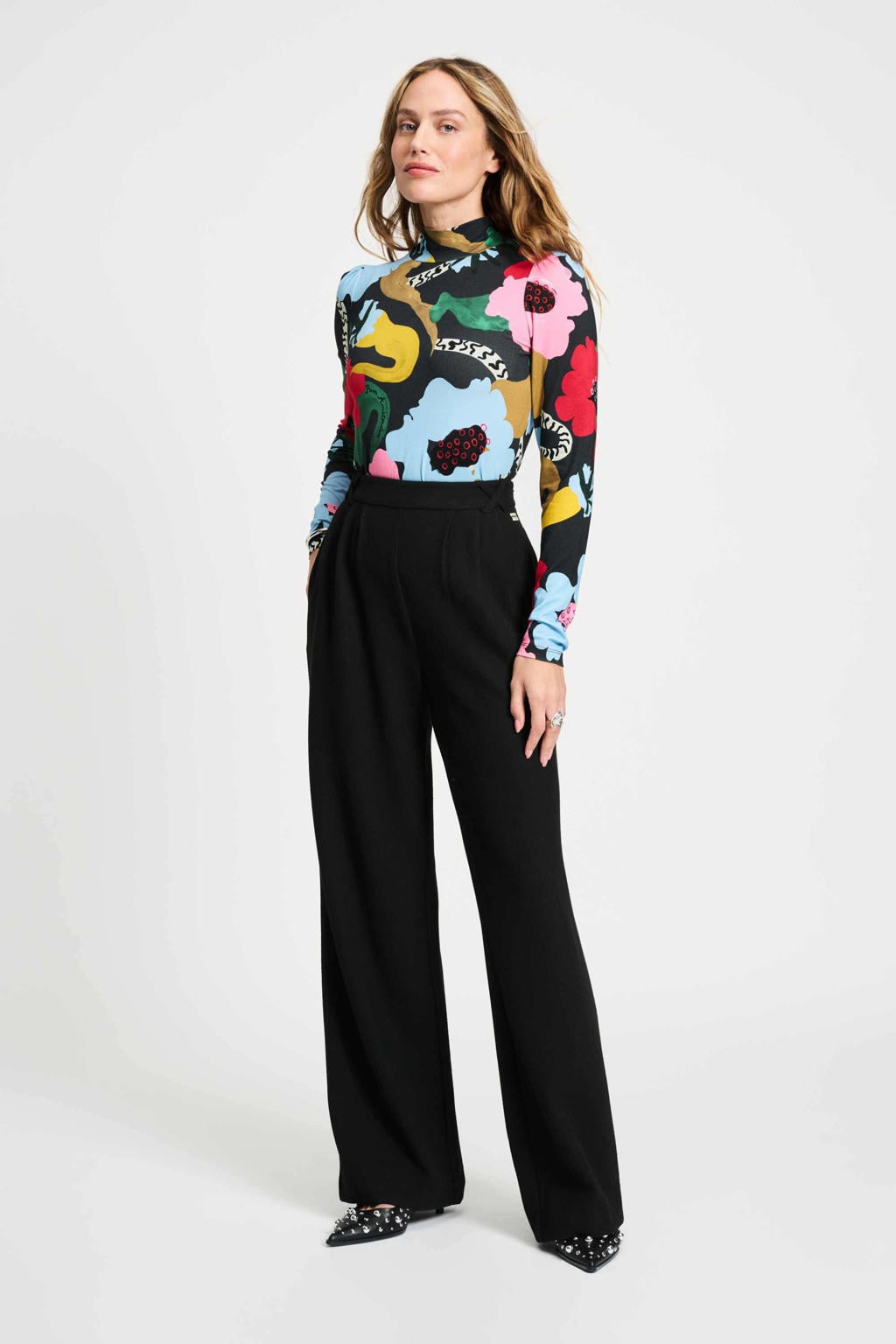Zwarte dames POM Amsterdam wide leg regular waist broek met effen