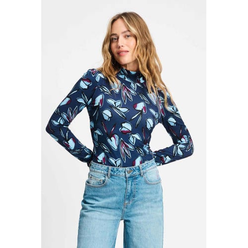 POM Amsterdam gebloemde top met col donkerblauw afbeelding