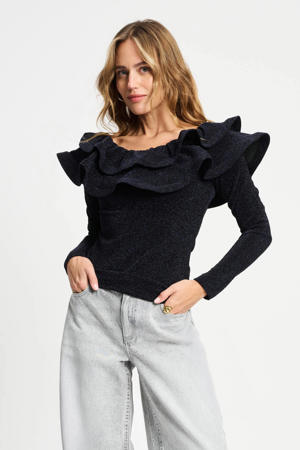 off shoulder top donkerblauw met glitter