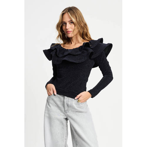 POM Amsterdam off shoulder top donkerblauw met glitter afbeelding