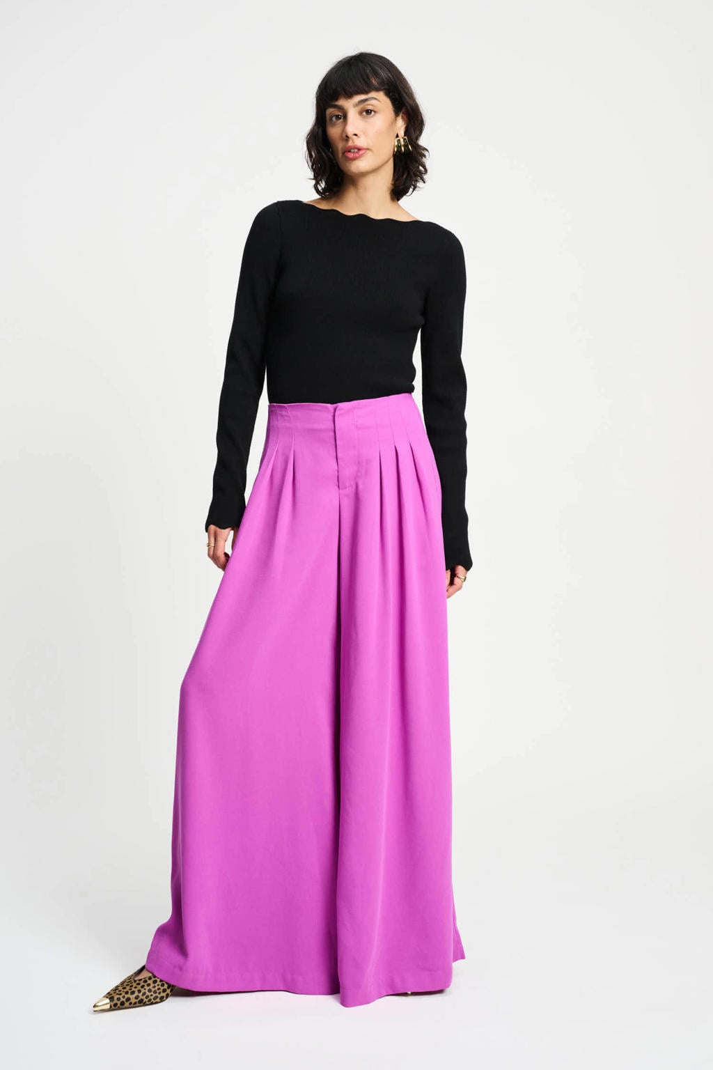 Roze dames POM Amsterdam wide leg regular waist casual broek met effen