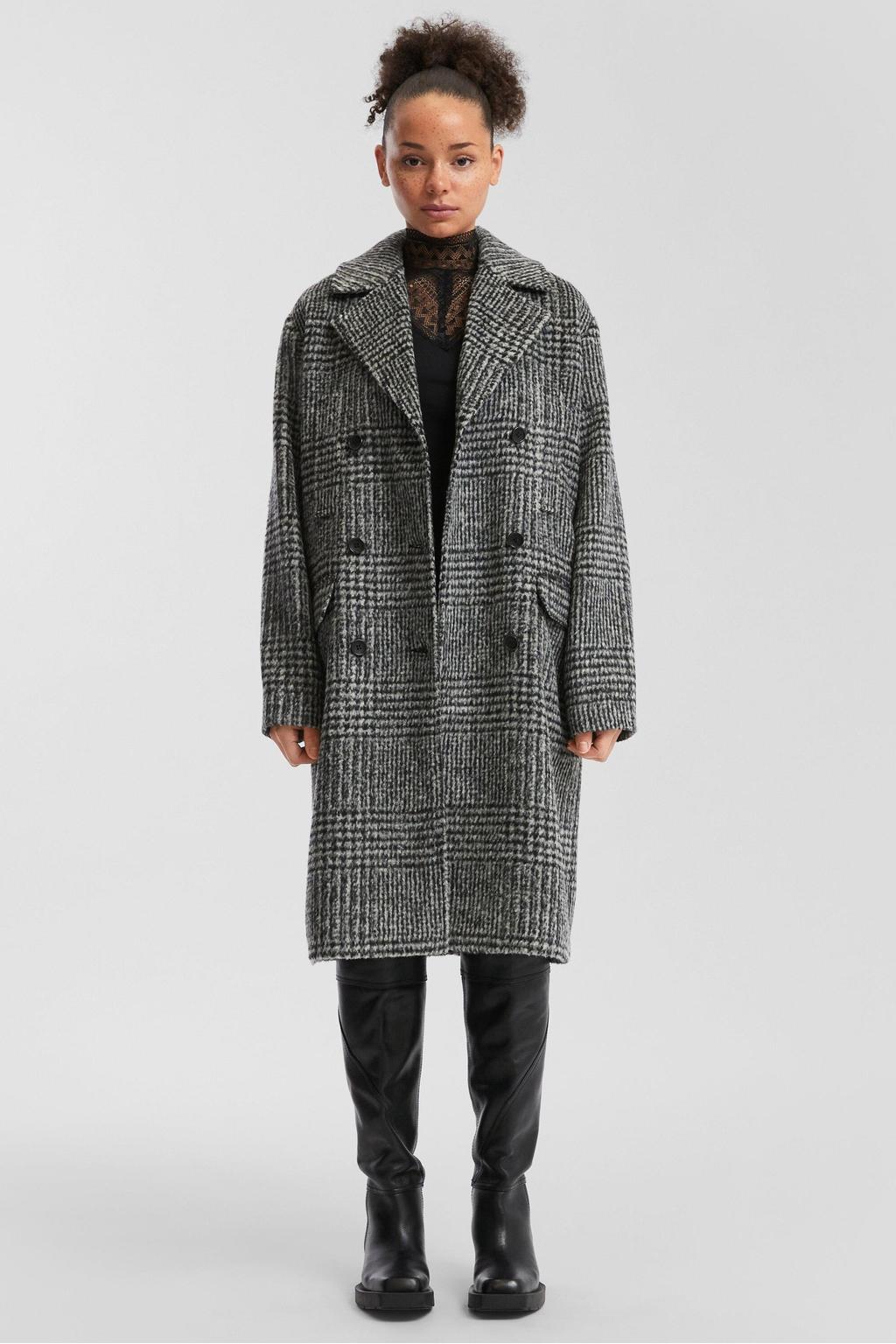 Grijze dames QS manteljas van polyester met ruitenprint, lange mouwen en reverskraag