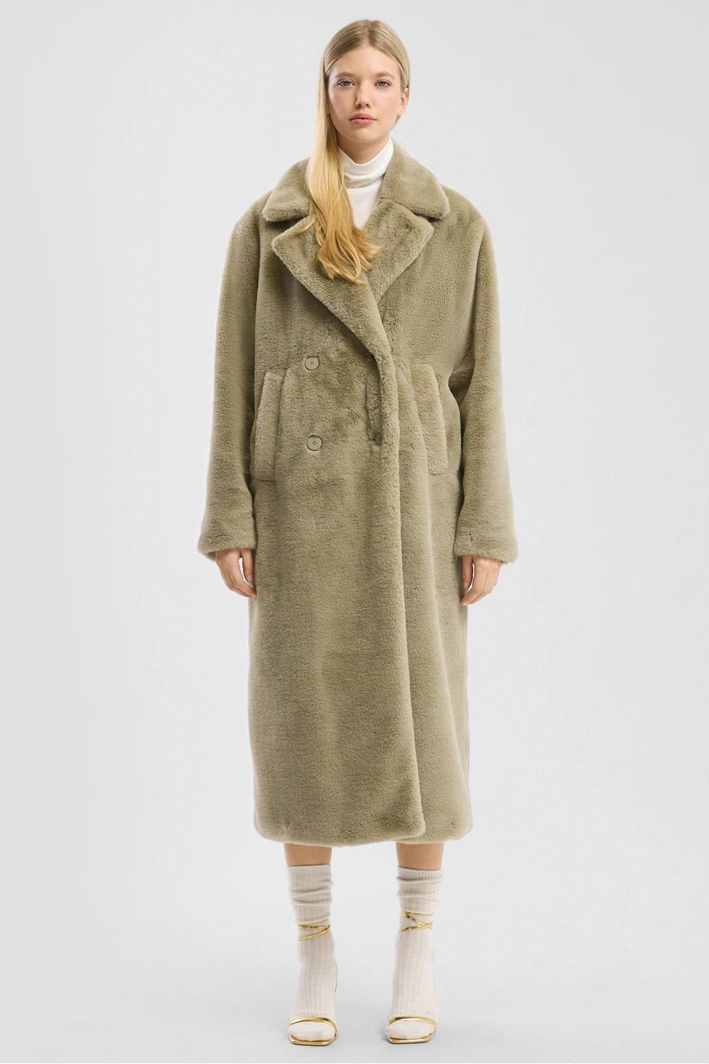 Lichtkaki dames QS faux fur jas van imitatiebont met effen, lange mouwen, reverskraag en knoopsluiting