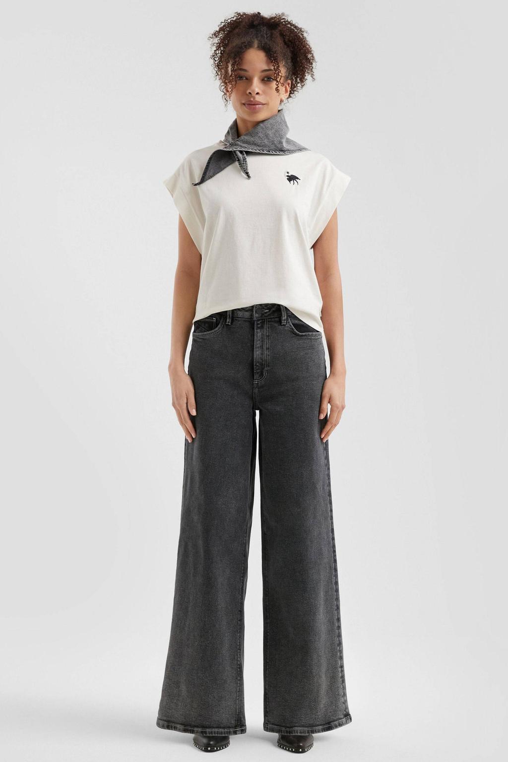 Grey denim dames QS high waist wide leg jeans van denim met rits- en knoopsluiting en effen