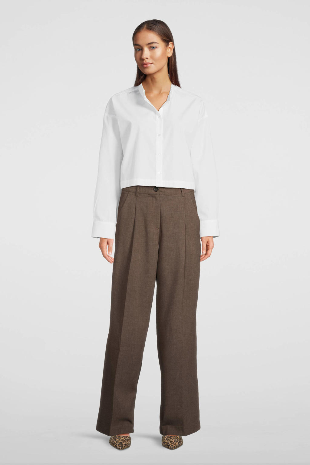 Witte dames MSCH Copenhagen blouse van polyester met effen, klassieke kraag en knoopsluiting