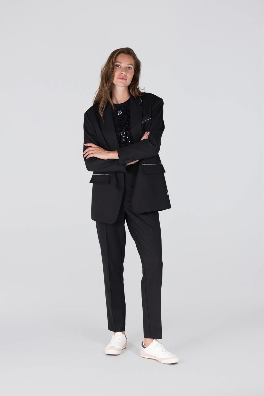 Zwarte dames JANSEN Amsterdam top van polyester met effen, korte mouwen, ronde hals en borduursels