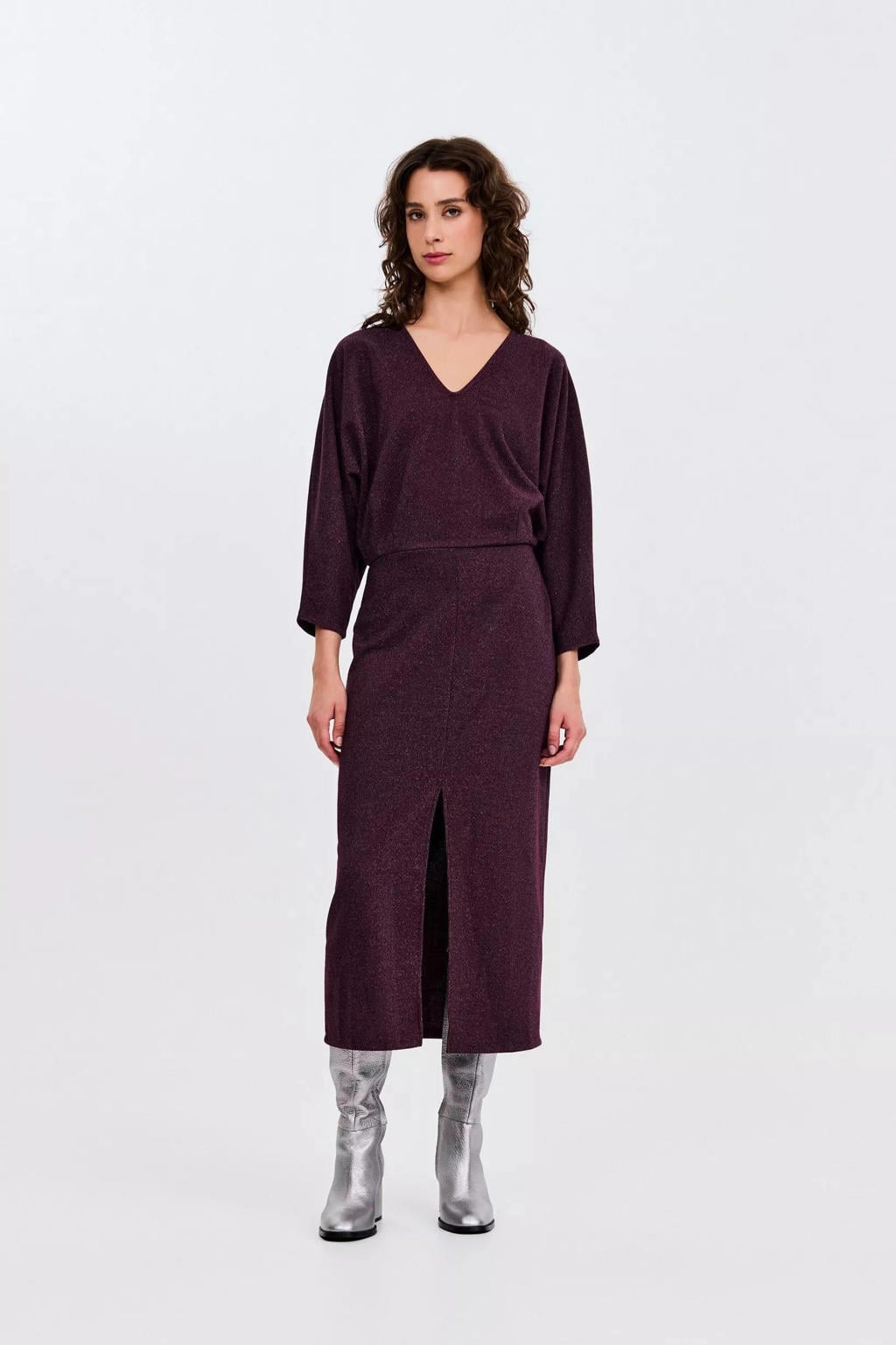 Donkerpaarse dames CKS midi jurk van polyester met effen, lange mouwen, V-hals en glitters