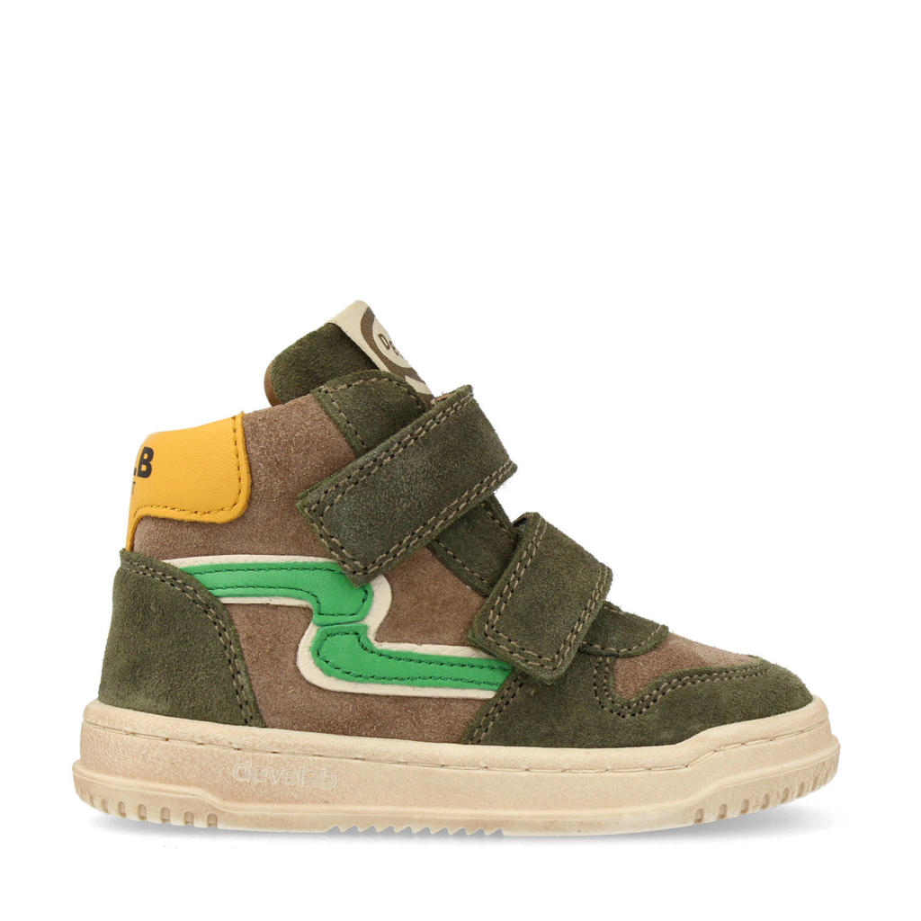 Bruin en groene jongens Develab suède sneakers van leer met klittenband