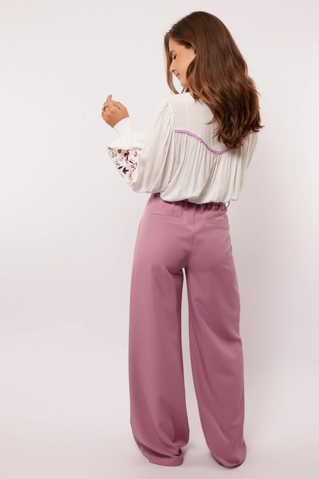 Lilakleurige dames FLURESK straight high waist pantalon van polyester met rits- en knoopsluiting en effen