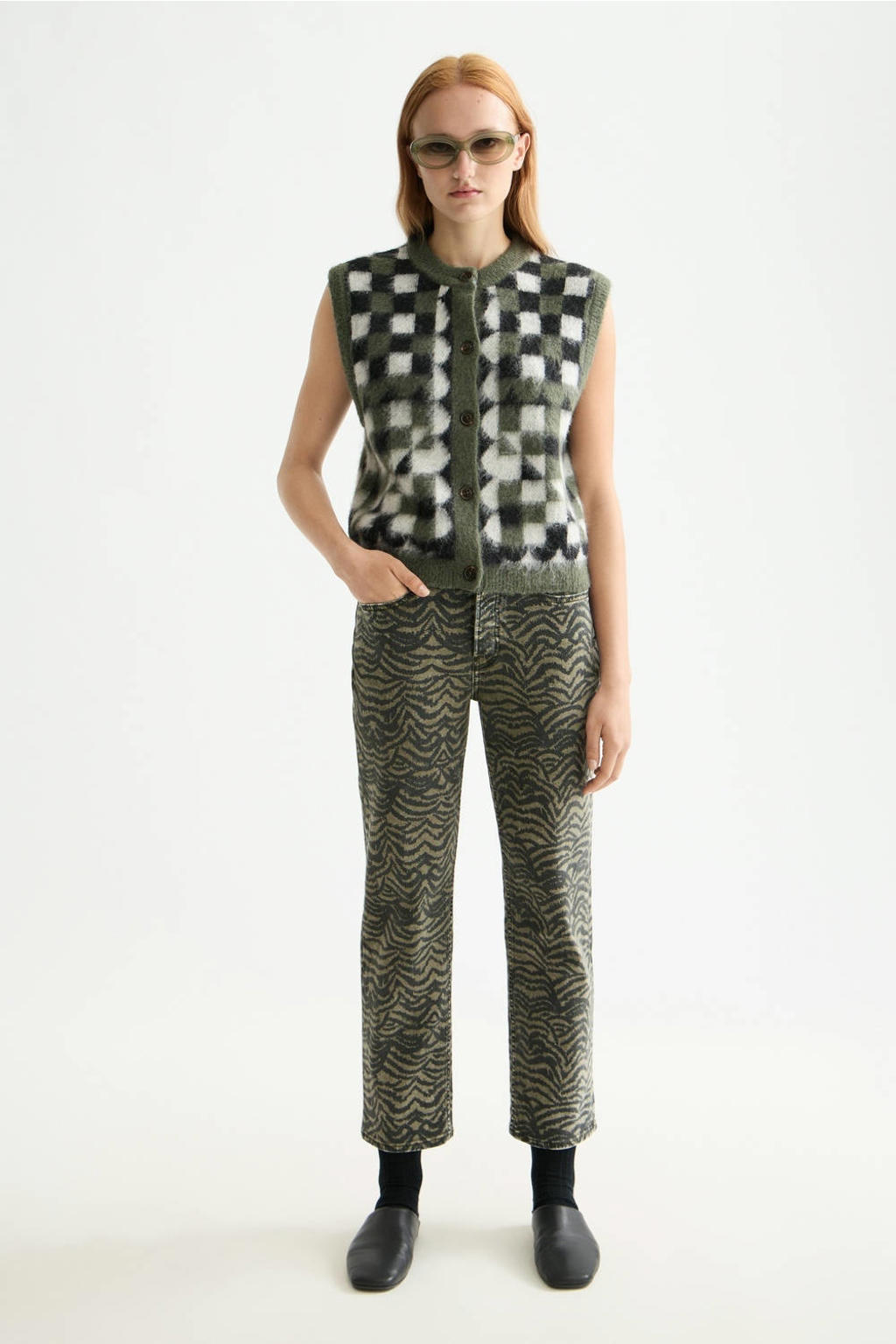 Donkergroen en zwarte dames Scotch & Soda straight leg jeans van denim met rits- en knoopsluiting en effen