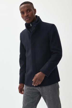 manteljas met wol donkerblauw