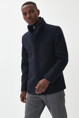 manteljas met wol donkerblauw