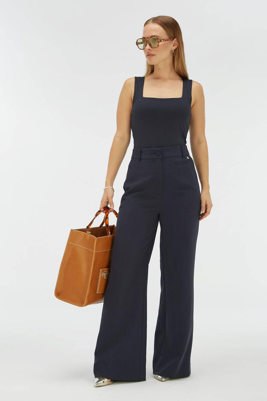 Donkerblauwe dames JOSH V wide leg high waist broek met rits- en knoopsluiting