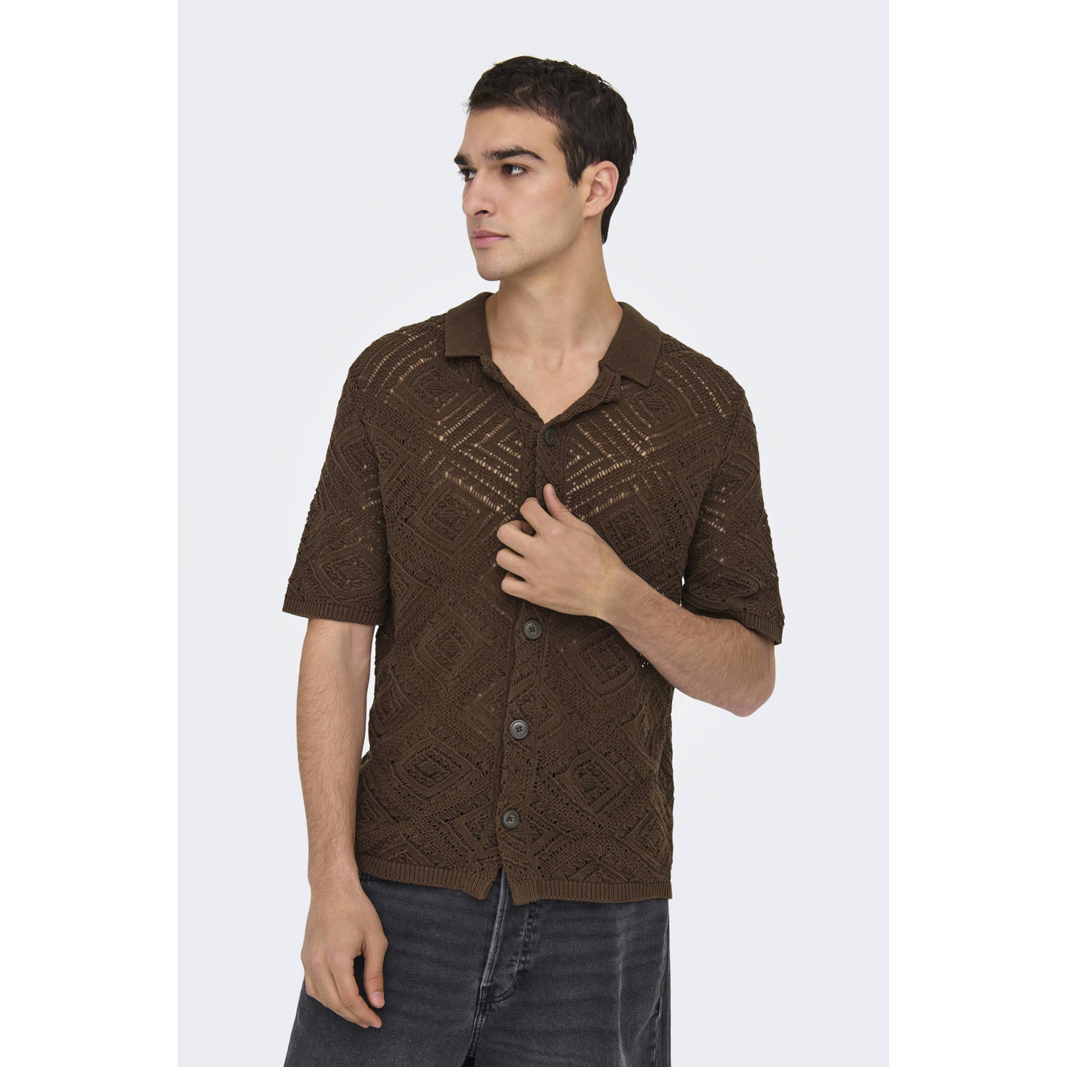 ONLY & SONS casual overhemd gebreid bruin