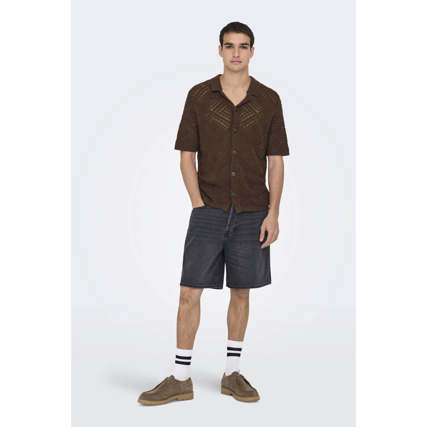 ONLY & SONS casual overhemd gebreid bruin