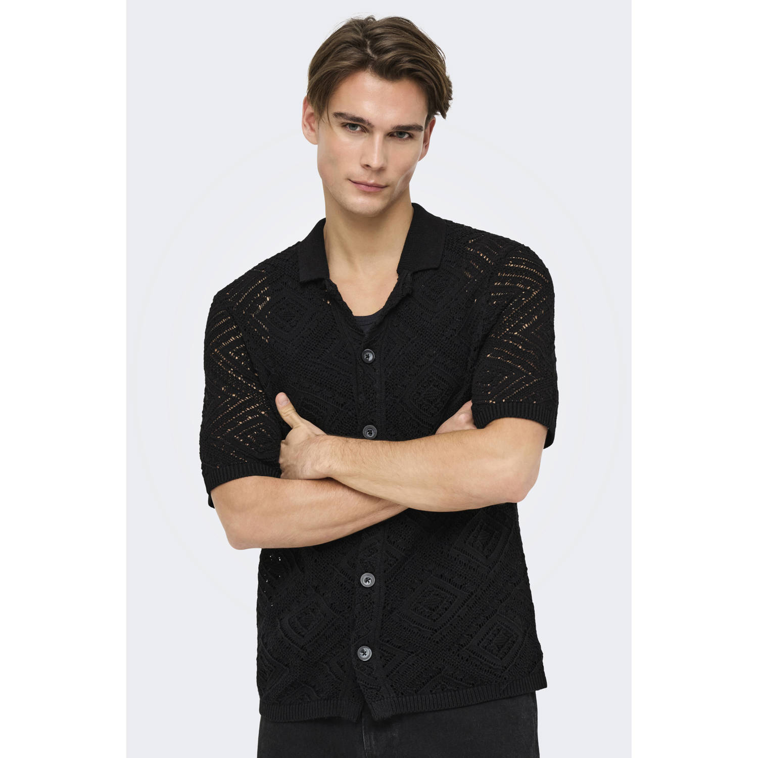 ONLY & SONS casual overhemd gebreid zwart