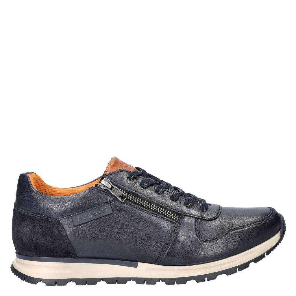 Donkerblauwe heren Bugatti leren sneakers met rits- en vetersluiting
