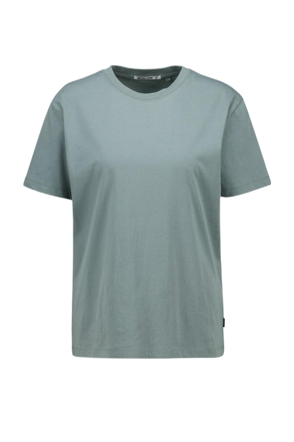 Grijsblauwe dames America Today T-shirt blauw van katoen met effen, korte mouwen en ronde hals
