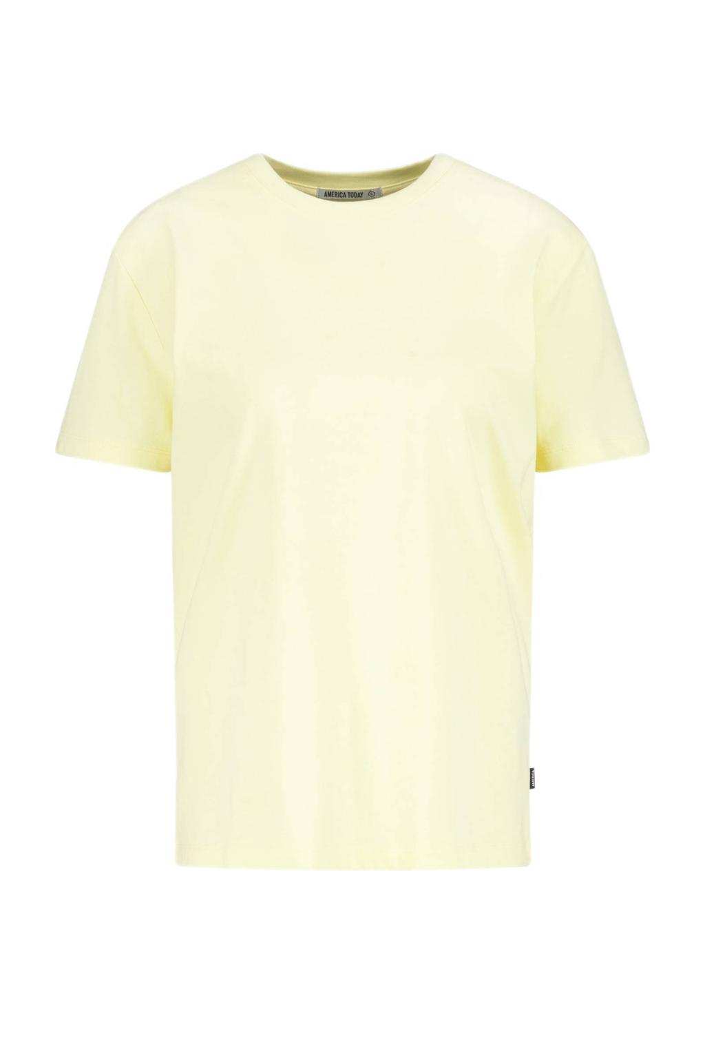 Gele dames America Today T-shirt van katoen met effen, korte mouwen en ronde hals