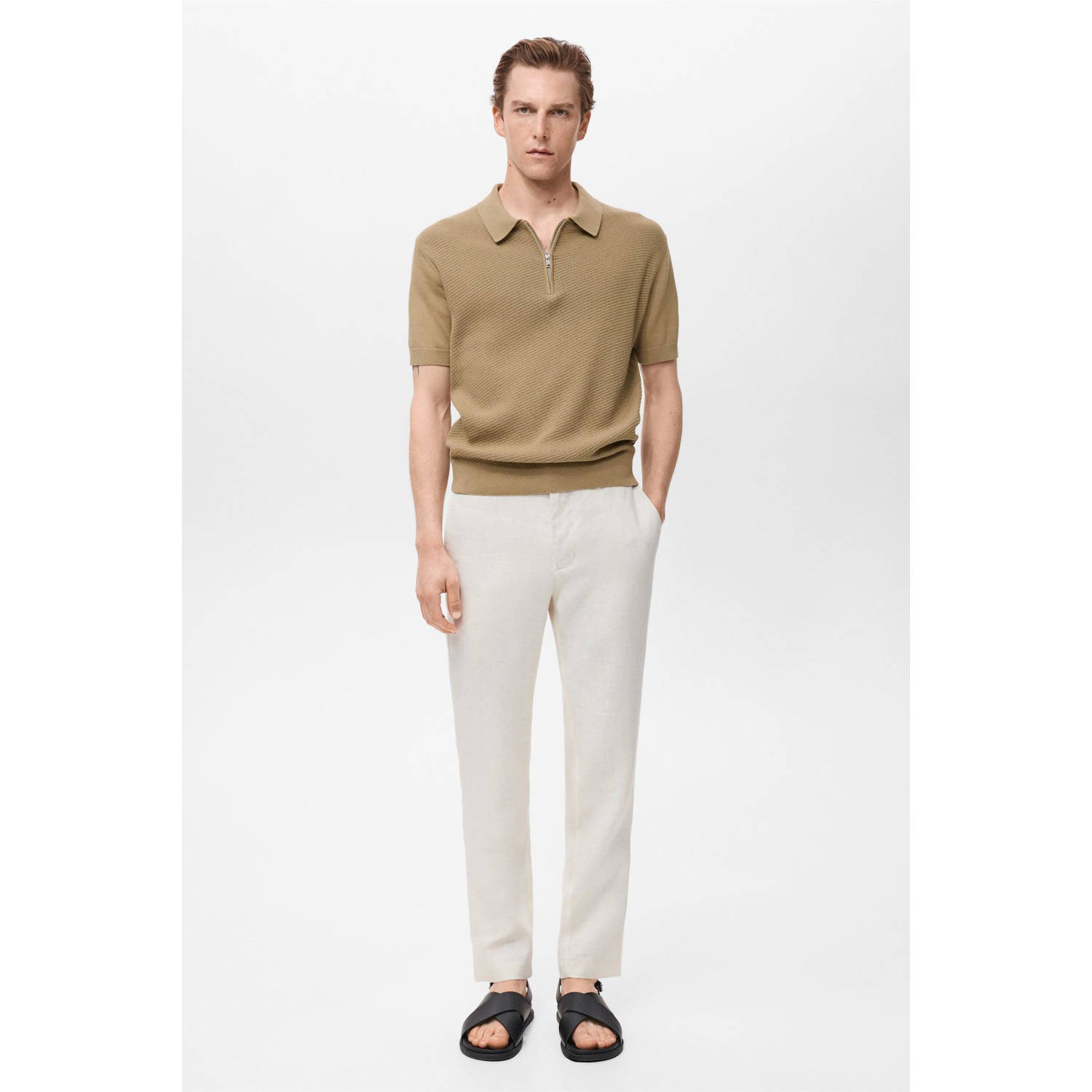 Mango Man regular polo met ingebreid patroon beige
