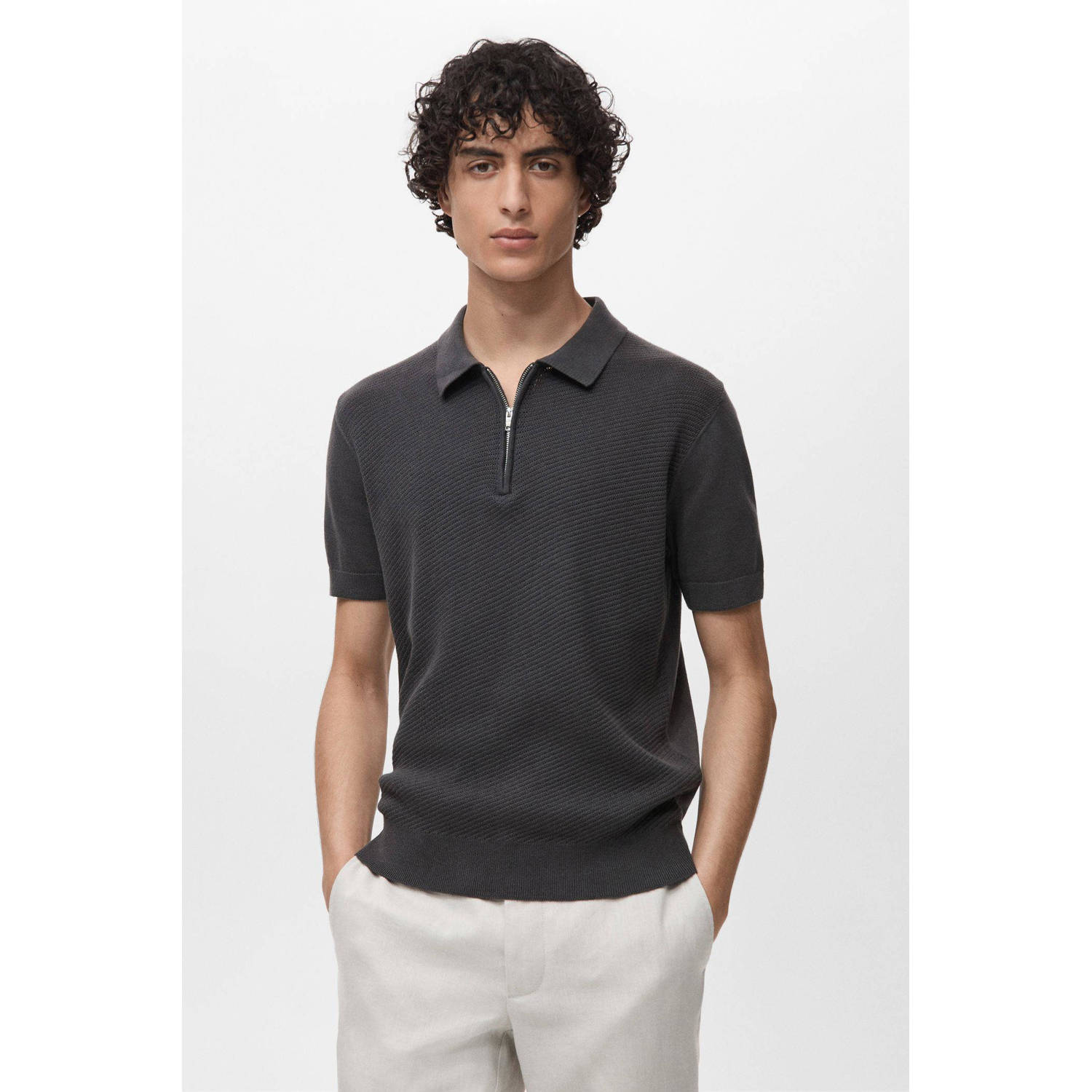 Mango Man regular polo met ingebreid patroon antraciet
