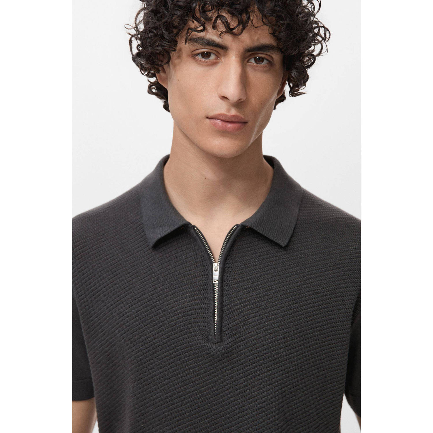 Mango Man regular polo met ingebreid patroon antraciet